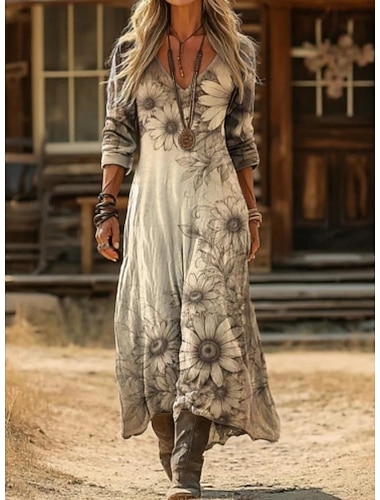  Per donna Abito lungo maxi Abito Vintage Vestito Casual Vintage Quotidiano All'aperto Vacanza Vestibilità regolare Floreale Manica Lunga Scollo a V Cachi Primavera Autunno