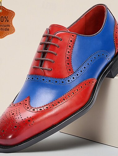  Herresko med vingetupp i ekte skinn – premium kuskinn, tofarget rød og blå, elegant oxford-stil, komfortable formelle sko for menn, perfekt for bryllup, fester og kontorantrekk