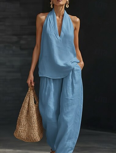  Dam Set med bomullslinne Ärmlös Halterneck Ensfärgat Semester Dagligen Ledigt Dagligen Strand Blå Svart Vit Sommar Lös passning