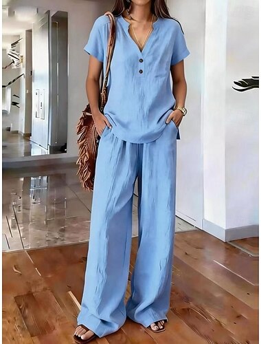  Femmes Mélange de lin Graphique Uni Occasionnel Manche Courte Col en V Hauts Réguliers Quotidien Week-end Bleu Blanche Rose Claire Orange Kaki Été Printemps