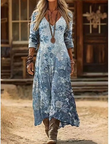  Per donna Abito lungo maxi Abito Boho Abito Vintage Vestito Casual Abito a trapezio Vintage Quotidiano All'aperto Vacanza Vestibilità comoda Floreale Manica Lunga Scollo a V Blu Vino Viola Arancione