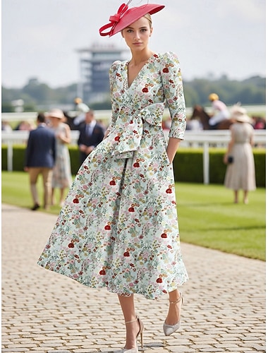  Linea ad A Lunghezza alla caviglia Abito a trapezio Abito Floreale Abiti da Cocktail Abiti da festa Elegante Vintage Mezza Manica Scollo a V Matrimonio Formale Jacquard con Farfalla Tasca