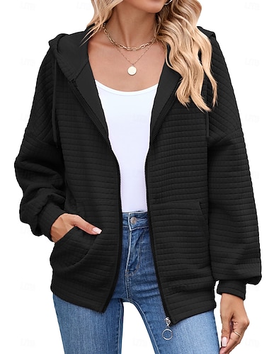  Mulheres Cor Sólida Moletom com capuz Jaqueta com zíper Outono Com bolsos Manga Longa Roupa Esportiva A Prova de Vento Quente Equitação Corrida Exterior Viagem Férias Preto Verde Roupa de esporte
