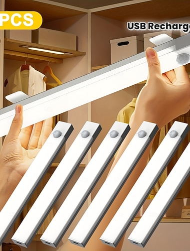  Lot de 6 bandes LED magnétiques intelligentes à détecteur de mouvement, rechargeables par USB, pour meubles, 3 couleurs, intensité variable, 3 modes d'éclairage, pour l'intérieur (chambre, couloir,