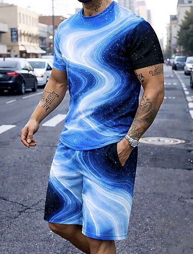  Herre Geometrisk 2stk T-skjorter sett Sommertopper Kortermet Korte bukser Crew-hals Fritid Daglig Feriereise Ut på byen 3D-utskrift Sommer Blå Rød Grå