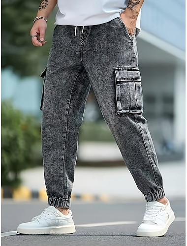 Herren Cargo-Hosen Jogginghose Jogger Hose Freizeithose Acid-Wash-Hosen Kordelzug Elastischer Bund Einfach Komfort Volle Länge Lässig Täglich Outdoor Mode Streetwear Grau Unelastisch