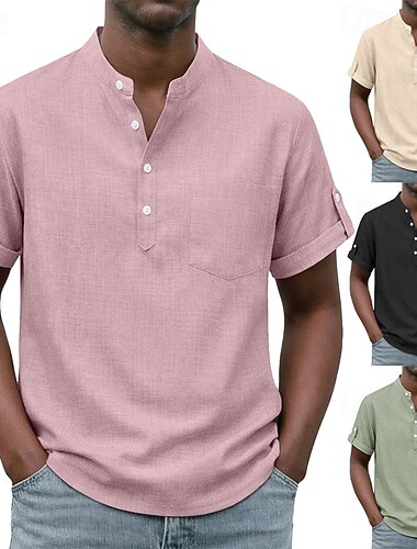  Per uomo Camicia Camicia popover Camicia casual Camicia con Bottoni Rosa chiaro Nero Giallo Verde chiaro Rosa Manica Corta Semplice Colletto alla coreana Casuale Quotidiano Abbigliamento Elegante