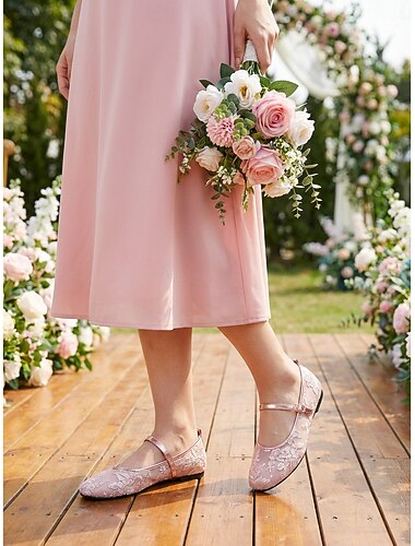  női rózsaszín csipkés lapos talpú cipők - kényelmes koszorúslánycipők kerti esküvőkre