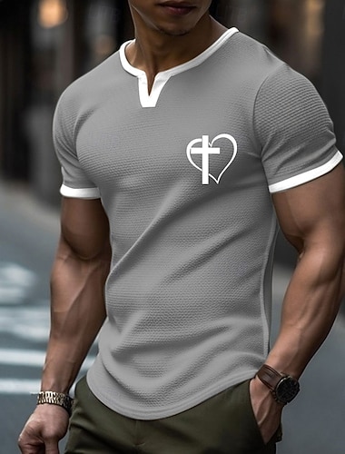 T-shirt Henley minimaliste à col en V pour homme, imprimé croix et cœur, style chrétien, coupe ajustée, texture gaufrée, idéal pour Pâques, dimanche, église et tous les jours. Disponible en tailles S,
