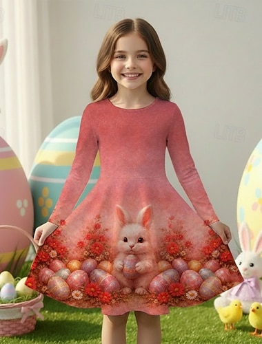  Påsk Flickor 3D Grafisk Kanin Klänning Långärmad 3D-tryck Vår Höst Dagligen Semester Fest Ledigt Prinsessa Skön Barn 4-12 år Vardagsklänning A linjeklänning Knälång Normal