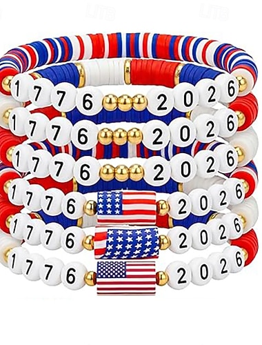  Set van 5 kralenarmbanden ter ere van het 250-jarig jubileum van de VS: patriottische rood-wit-blauwe stretcharmbanden in surfstijl met kralen uit de tijd van 1776-2026 en een mini-Amerikaanse vlag.