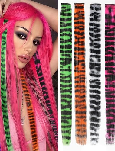  5 extensiones de cabello con clip y estampado de leopardo de 18 pulgadas, sintéticas, rectas, con clip, con estampado de rayas, accesorios para el cabello de colores para mujeres.