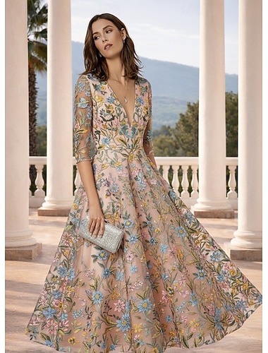  Ligne A Longueur au sol Longueur thé Robes de Cocktail Élégant ancien Floral Demi Manches Col en V Fête de jardin Mariage Satin Dentelle Dos Bénitier avec Fleur brodée Broderie Appliques