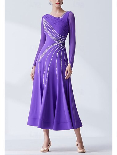  Tiodans Klänning Strass Plisserat Tvinning Dam Fest Träning Prestanda Långärmad Hög Elastan Polyester