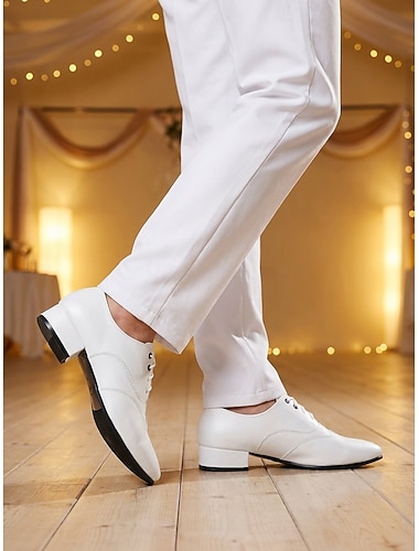  Chaussures de danse de salon blanches pour hommes, chaussures d'entraînement classiques à lacets et à petit talon pour les danses latines et le tango &danse sociale
