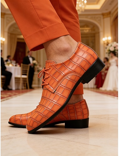  Oransje herresko med krokodillepreget kunstskinn – formelle forretnings- og bryllupssko for moderne herrer