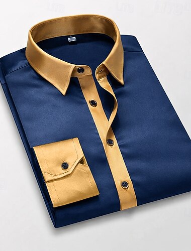  男性用 シャツ サテンシャツ ドレスシャツ ボタンアップシャツ プロムシャツ 純色 結婚式 フォーマル ブラック ホワイト ワイン ネイビーブルー 長袖 折襟 オールシーズン 衣類 パッチワーク