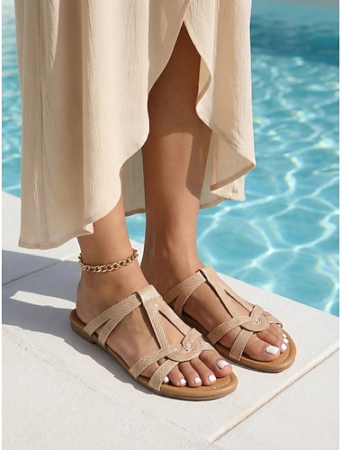  Sandales plates chics pour femmes, imprimé serpent nude - sandales bohèmes à brides avec nœud entrelacé, idéales pour les vacances au bord de la piscine et les voyages d'été à la plage. &vêtements de