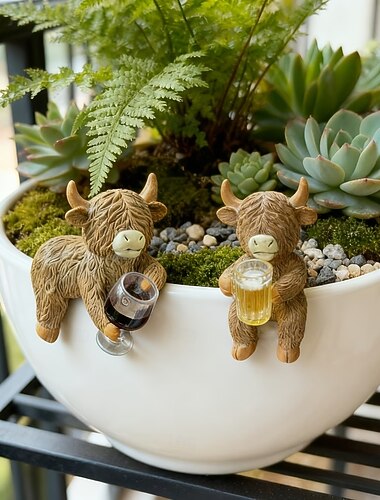  Statuette in resina di mucche delle Highlands con bicchieri, simpatiche statuette di rane in resina da aggiungere ai vasi di fiori, perfette per decorare vasi, giardini, acquari e terrazze.