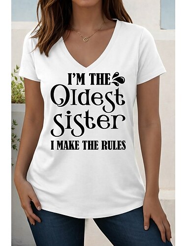  Dames T-shirt met grappige citaten, stijlvol, klassiek, casual, korte mouwen, V-hals, normale tops, dagelijks, uitgaan, weekend, wit, wit 2, wit 3, zomer, lente, herfst, winter