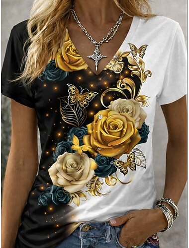 نسائي تي شيرت طباعة الرسم النباتات لون متغاير عتيق أنيق كلاسيكي كم قصير V رقبة قمصان عادية مناسب للبس اليومي أزرق أسود وأبيض أزرق / أبيض الصيف الربيع