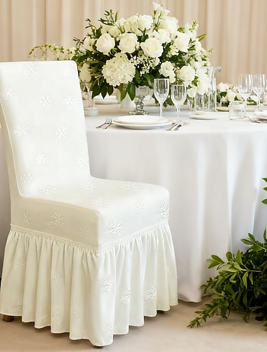  Snøfnugg preget skjørt spisestuestoltrekk hvit plissert kant komplett sett stolbeskyttelsestrekk avtakbart og vaskbart stoltrekk bryllupsbankett fest høytidsdekorasjon