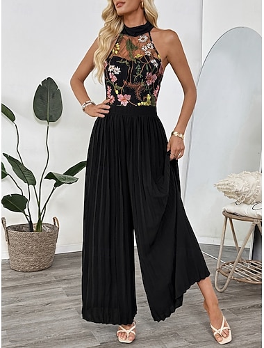  Damen Normal Overall Elegant Blumen Ärmellos Weites Bein Neckholder Spitze Patchwork Party Straße Normale Passform Schwarz Sommer