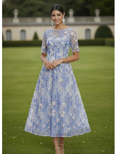  A-Linie Kleid Knöchellänge Tee-Länge Spitzenkleid Cocktailkleid Brautmutterkleid Kurzarm Halbarm U-Boot-Ausschnitt Elegant Vintage luxuriös Hochzeitsgast Semi-Formal Spitze mit Stickerei Blume