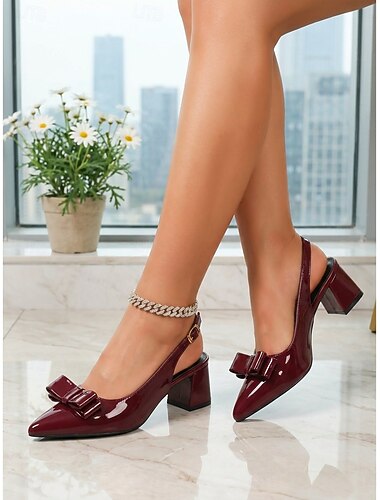  女性用エレガントなネイビーブルーのパテントレザーパンプス - シックなポインテッドトゥのスリングバックヒール、リボン結び &オフィスワーク、ビジネスカジュアルに最適なチャンキーブロックヒール &日常のビジネスウェア