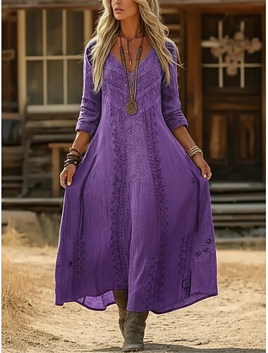  Damen Maxikleid Boho-Kleid Vintage-Kleid Freizeitkleid Vintage Täglich Outdoor Urlaub Lässiger Schnitt Blumen Langarm V Ausschnitt Purpur Frühling Herbst
