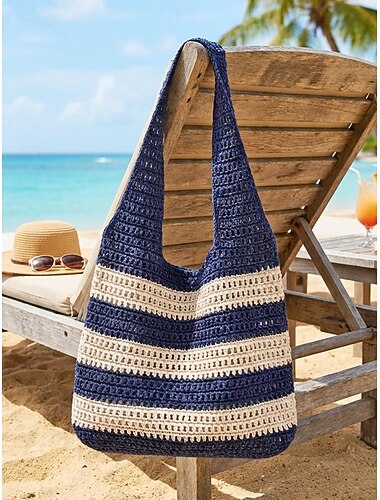  Vevd stripete toteveske til dame, flerfarget, stort sammenleggbart design, slitesterkt heklet materiale, perfekt for hverdagsbruk og bruk på strandferie