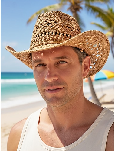 Heren cowboyhoed van stro in diverse kleuren, geweven zomerzonnehoed voor strandvakanties, westernoutfits, resortkleding en zomerfeesten.