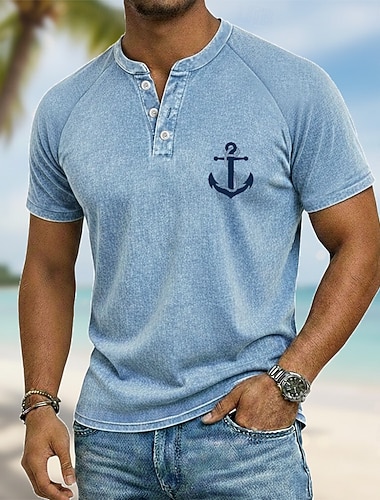  Herre Anker Årgang Bomullsskjorte Henley Topp Syrevasket skjorte Kortermet Årgang Designer Fritid Avslappet Daglig utendørs Sommer Vår Alle årstider Lyseblå Lilla Grå Henley Henley T-skjorte