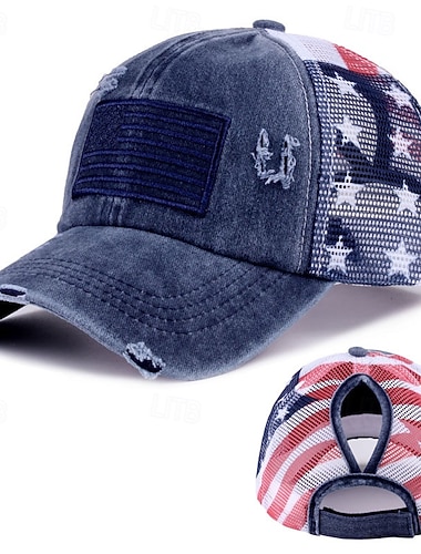  Patriotische Baseballkappe im Used-Look für Damen, Trucker-Cap aus gewaschener Baumwolle mit gestickter amerikanischer Flagge und Klettverschluss hinten, zum 250. Jahrestag des Unabhängigkeitstages am