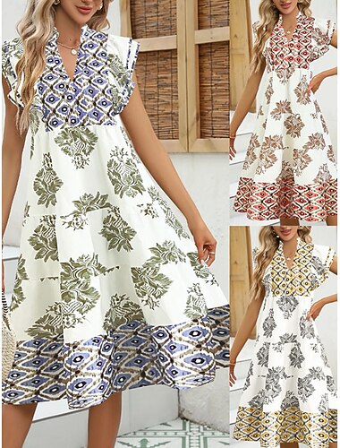  Naisten Midimekko Boho-mekko Vintage mekko Rento mekko Kukka mekko Tyylikäs Muoti Moderni ulko- Loma Bile Normaali Kukka Lyhythihainen V kaula-aukko Sininen Keltainen Rubiini Kesä Kevät