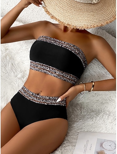  Damen Badeanzug Bikini Zweiteilig Freche Unterhose Bademode Schlank Rückenfrei Urlaub Strandbekleidung Einfarbig Leopard Trägerlos Ärmellos Badeanzüge