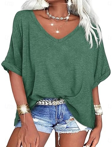  Damen T Shirt T-Shirt Einfarbig Mode Stilvoll Klassisch Kurzarm V Ausschnitt Lange Oberteile Täglich Ausgehen Wochenende Schwarz Weiß Wein Grün Kaffee Sommer Frühling