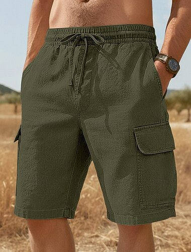  Herren Cargo-Shorts Leinenshorts Sommershorts Strandshorts Kordelzug Elastischer Bund Mehrere Taschen Einfach Atmungsaktiv Knielang Outdoor Strand Urlaub Hawaiianisch Blau Schwarz Unelastisch