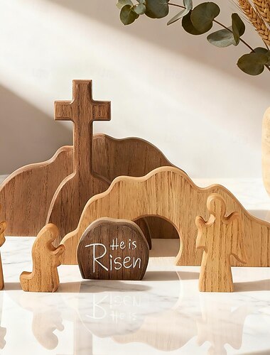 Osterdekorationen mit der Szene des leeren Grabes, Krippenfiguren-Set mit Holzkreuz zur Auferstehung Jesu für Zuhause, Büro, Tisch, Regal, Kaminsims – christliche, katholische und religiöse Geschenke