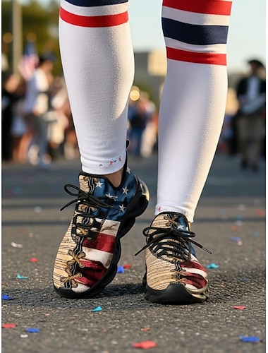  Damessneakers in kaki met Amerikaanse vlag – lichtgewicht, ademende veterschoenen, patriottische sterren &Gestreept patroon voor Onafhankelijkheidsdag, parades, festivals en wandelingen in de