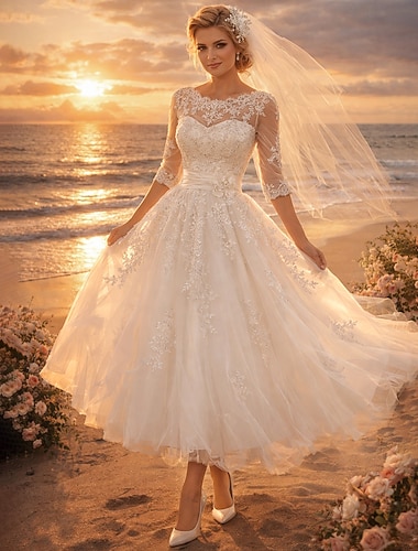  Ligne A Longueur thé Robes de mariée Robes pour enterrement de vie de jeune fille robe de mariée ancien Années 1940 / 1950 Petites Robes Blanches Manche 3/4 Col Illusion Remise des Diplômes