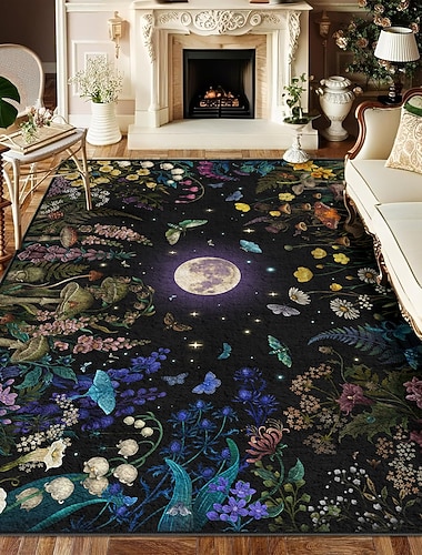  Tapis de sol à motif floral et champignon pleine lune, inspiré d'un jardin botanique et mystique. Décoration luxueuse et résistante pour espaces élégants, par Episodic Drawing.