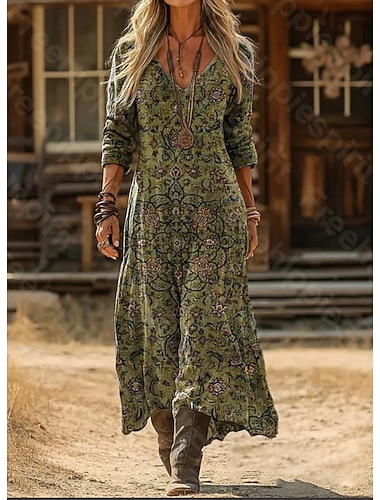  Dame Maxikjole Boho-kjole Vintage kjole Uformell kjole Årgang Daglig utendørs Feriereise Normal Batikkfarget Langermet V-hals Grønn Vår Høst