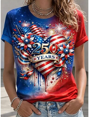  Giorno dell'Indipendenza Americana Per donna Maglietta Stampato Grafico Bandiera Lettera Vintage Elegante Classico Manica Corta Girocollo Top Regolari Quotidiano Blu Bianco Rosso / blu Estate