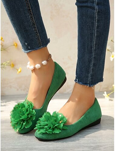  Damesschoenen in groen met platte zool en bloemenapplicatie – comfortabele, casual schoenen met ronde neus voor feestjes, dagelijks gebruik en lente-/zomeruitjes.