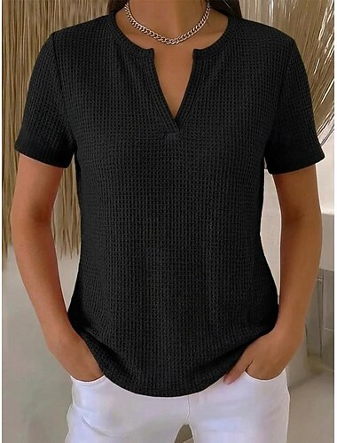  Damen Waffel T-Shirt T-Shirt Einfarbig Stilvoll Lässig Kurzarm V Ausschnitt Normale Oberteile Täglich Ausgehen Schwarz Gelb Wein Grau Sommer Frühling