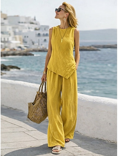  Per donna Set di biancheria in cotone Set di Pantaloni Senza Maniche Girocollo Tinta unica Elegante Moda Streetwear Casuale Quotidiano All'aperto Blu Nero Bianco Estate Vestibilità comoda