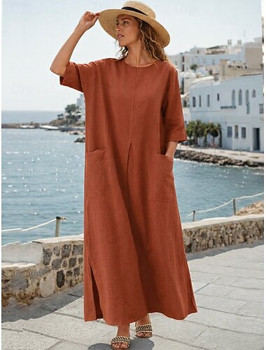  Dames Maxi-jurk Hemdjurk Casual Dagelijks Ruim Passend Effen 3/4 mouw Strakke ronde hals Zwart Oranje Groen Beige Zomer Lente Herfst