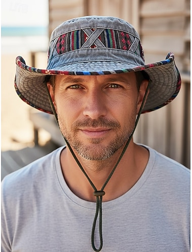  Heren bucket hat in bohemian stijl, gemaakt van een katoenmix met etnische patronen en een veelkleurig design – perfect voor casual dagelijks gebruik en op vakantie.