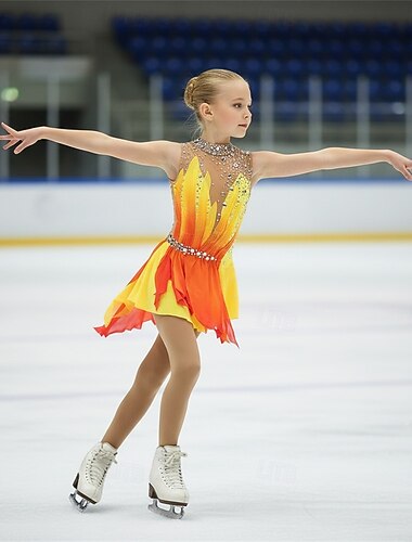 Kunstschaatsjurk Voor meisjes Schaatsen Jurken Rood / geel Lapwerk Open achterkant Rekbaar Opleiding Wedstrijd Kunstschaatskleding Klassiek Kristal / Bergkristal Mouwloos Schaatsen Kunstschaatsen